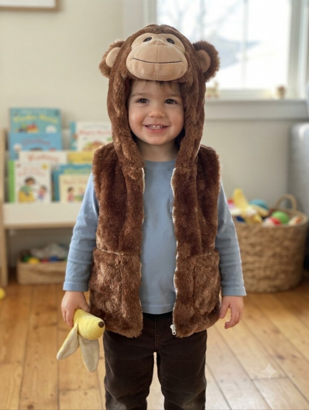 Brown Monkey Hooded Plush Vest for Kids